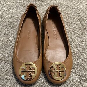 Tory Burch Tan Leather Flats with Gold Logo